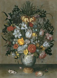 Chinesische Vase mit Blumen, Muscheln und Insekten