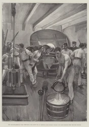 Der Spanisch-Amerikanische Krieg, Vorbereitung auf den Einsatz auf einem amerikanischen Kriegsschiff, Befüllen von Geschütz- und Divisionstuben für die Schwämme