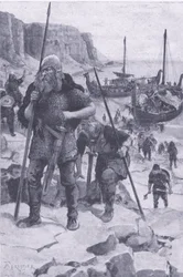 Die Wikinger finden Amerika, aus My Magazine, veröffentlicht 1922 (Lithografie)