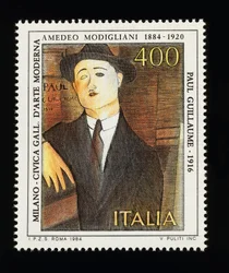 Briefmarke aus der Serie Italienische Kunst zu Ehren von Amedeo Modigliani (1884-1920), zeigt Porträt von Paul Guillaume (1916), 400-Lire-Marke