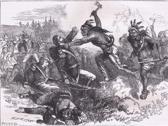 Angriff der Indianer auf Fort Dearborn, Illustration aus Cassells Geschichte der Vereinigten Staaten, veröffentlicht von Cassell, Petter & Galpin, ca. 1900