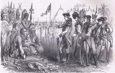 General Burgoyne spricht zu den Indianern, Illustration aus Cassells Geschichte der Vereinigten Staaten, veröffentlicht von Cassell, Petter & Galpin, ca. 1900 (Lithografie)