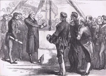 Lafayette legt den Grundstein des Bunker Hill Denkmals, Illustration aus Cassells Geschichte der Vereinigten Staaten