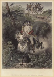 Die Flucht des amerikanischen Generals Israel Putnam vor den Briten in Horse Neck, Connecticut, Amerikanischer Unabhängigkeitskrieg