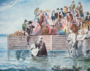 Täufer von Philadelphia beobachten eine vollständige Taufe in einem Fluss