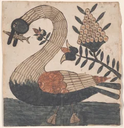 Vogel mit Fisch, Frakturmalerei, ca. 1810