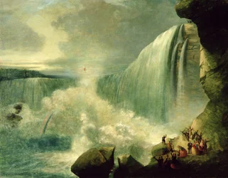 Blondin überquert die Niagarafälle auf einem Drahtseil, ca. 1859-60