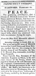 Flugblatt, das den Frieden zwischen den USA und Großbritannien nach dem Krieg von 1812 ankündigt, gedruckt in der Connecticut Courant, 1815