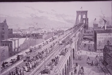 Brooklyn Bridge kurz nach der Eröffnungszeremonie, veröffentlicht am 26. Mai 1883 (Gravur)