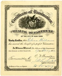 Impfzertifikat, Gesundheitsamt der Stadt New York, 1882