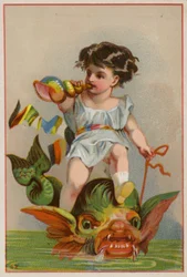 Cherub auf dem Rücken eines Fisches reitend