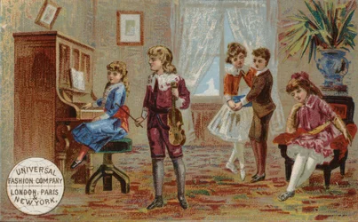 Kinder spielen Musikinstrumente und tanzen