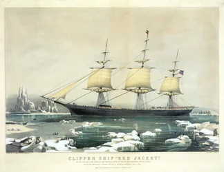 Klipperschiff Red Jacket im Eis vor Kap Hoorn, auf ihrer Passage von Australien nach Liverpool, August 1854, veröffentlicht von N. Currier, 1855