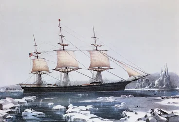 Das Klipperschiff Red Jacket im Eis vor Kap Hoorn auf seiner Fahrt von Australien nach Liverpool, herausgegeben von Currier und Ives, 1854