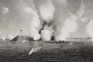 Kampf zwischen der konföderierten CSS Virginia (links) und der Union USS Monitor (rechts) am 9. März 1862 in Hampton Roads, Virginia (Detail)