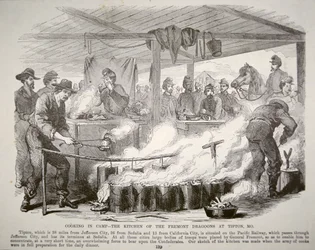 Kochen im Lager - Die Küche der Fremont-Dragoner in Tipton, Missouri (Gravur)