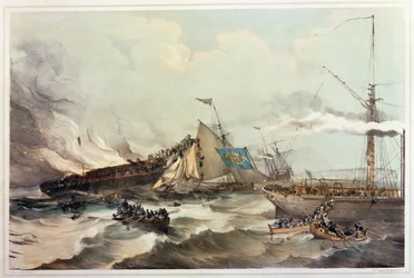 Zerstörung des Auswandererschiffs Ocean Monarch, graviert von Maclure, 1845