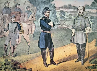 Generäle Sherman und Johnson treffen sich, um die Kapitulation der konföderierten Truppen in North Carolina im Jahr 1865 zu arrangieren