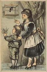 Mädchen und Junge betrachten Singvogel im Käfig