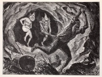 Gnome erschrecken einen Bergmann, aus The World Guide to Gnomes, Fairies, Elves and Other Little People von Thomas Keightley (1789-1872), veröffentlicht 1880
