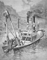 Regierungsschiff entfernt Baumstämme oder Hindernisse aus dem Mississippi, um 1870