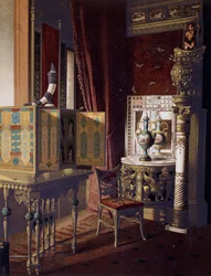 Großer Saal, Van der Bilt Hotel in New York, Schlafzimmer, ca. 1840, Farbgravur