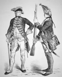 Hessische Soldaten von 1770 in ihren Uniformen aus dem Amerikanischen Unabhängigkeitskrieg