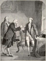 John Adams (1735-1826) als erster amerikanischer Botschafter am englischen Hof, überreicht seine Beglaubigungsschreiben an König George III (1738-1820)
