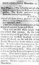 Brief, der die Ankunft der Kapitäne Lewis und Clark ankündigt, aus dem Boston Intelligencer, 19. November 1806