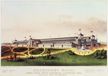 Maschinenhalle, Große Vereinigte Staaten Centennial Ausstellung, Fairmount Park, veröffentlicht von Nathaniel Currier (1813-88) und James Merritt Ives (1824-95), 1876
