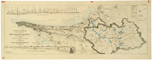 Karte des neuen Croton-Aquädukts, des alten Aquädukts und der Bronx River-Pipeline sowie der Einzugsgebiete von Croton und Bronx