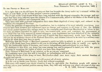 Botschaft an die Menschen von Maryland zur Unterstützung der Konföderation, 8. September 1862
