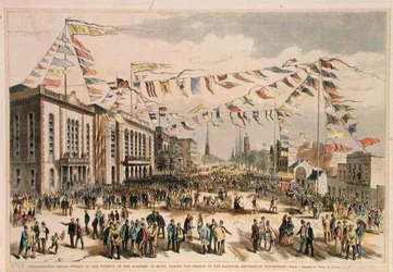 Nationaler Parteitag der Republikaner, Broad Street, Philadelphia, aus „Philadelphia-Broad Street, in the Vicinity of the Academy of Music“, aus der Zeitschrift „Harper