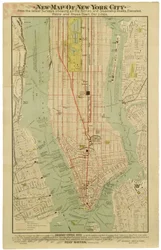 Neue Karte von New York City aus den neuesten Erhebungen, die alle Fähren und Dampfschiffdocks, Hochbahnen, U-Bahnen und Querstraßenbahnlinien zeigt.