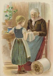 Alte Frau schneidet Stoff