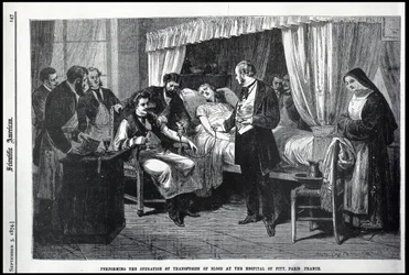 Durchführung der Bluttransfusion im Krankenhaus der Barmherzigkeit, Paris, Frankreich, Illustration aus dem American Scientist