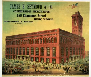 Plakat, das James H. Seymour & Co. Kommissionshändler an der New York Produce Exchange bewirbt, graviert von Sacket, Wilhelms und Betzig, ca. 1885