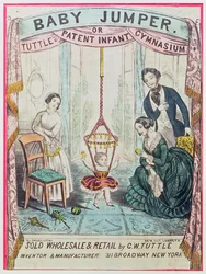 Plakat, das den Baby Jumper oder Tuttes Patent Infant Gym bewirbt, veröffentlicht von W.J. Dailey