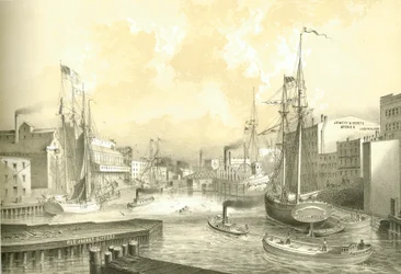 Rush Street Bridge, Blick von der State Street, aus Chicago Illustrated, mit literarischen Beschreibungen von James W. Sheahan, veröffentlicht von Jevne & Almini, Chicago, 1866-67