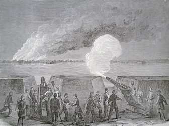 Belagerung von Charleston, die Stadt brennt unter Beschuss, 3. Januar 1864, aus Harper