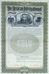 Musteranleihezertifikat für 1000 Dollar für die Mexican International Railroad Company, 1897