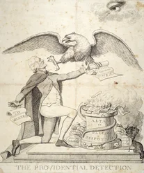 Die providentielle Entdeckung, Karikatur, die Thomas Jefferson (1743-1826) zeigt, wie er versucht, die Verfassung zu zerstören