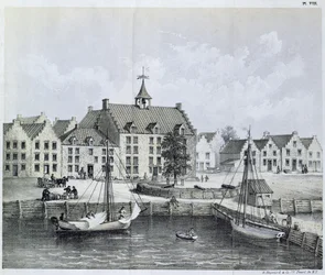 Das Stadthuys von New York im Jahr 1679, Ecke Pearl Street und Coentijs Slip, aus dem Journal of a Voyage to New York in 1679-80 von Jasper Danckaerts und Peter Sluyter, veröffentlicht 1867