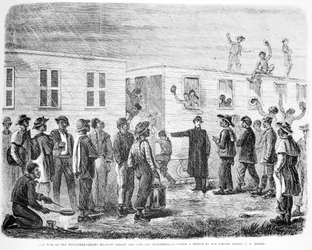 Der Krieg am Mississippi - Schwarze Rekruten besteigen den Zug nach Murfreesboro, aus Frank Leslie