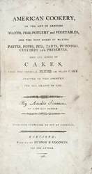 Titelseite zu American Cookery, geschrieben von Amelia Simmons, veröffentlicht von Hudson & Goodwin, 1796