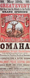 Union Pacific Railroad Poster, der die erste transkontinentale Eisenbahn durch die USA bewirbt