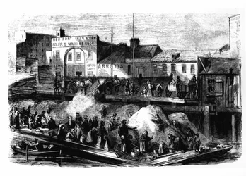 Vagabunden sammeln Lumpen zum Verkauf auf der Müllhalde Beach Street, New York, um 1870