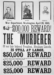 Plakat des Kriegsministeriums in Washington, das eine Belohnung von ,000 für die Ergreifung des Mörders von Abraham Lincoln (1809-65) auslobt, 20. April 1865