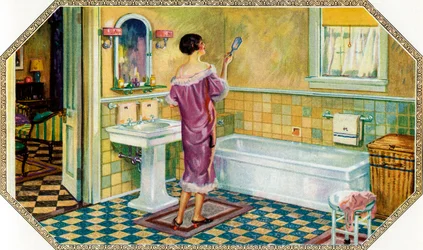 Frau steht in einem Art-Deco-Badezimmer