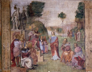 Prozess der Heiligen Cäcilia, ca. 1506, von Amico Aspertini, Fresko, Oratorium der Heiligen Cäcilia, Bologna, Emilia-Romagna, Italien